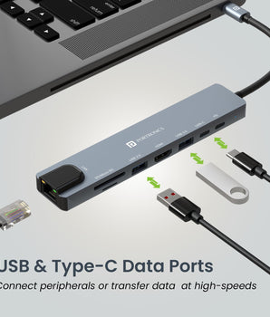 Portronics Mport 8 USB-C USB Hub/Docking Station(8-in-1) with 4K 30Hz HDMI, 100 Mbps Ethernet, USB 3.0, microSD/SD Card Reader, Type-C Data, PD Charging, USB 2.0, Type-C Plug for Laptop, Mac, PC
